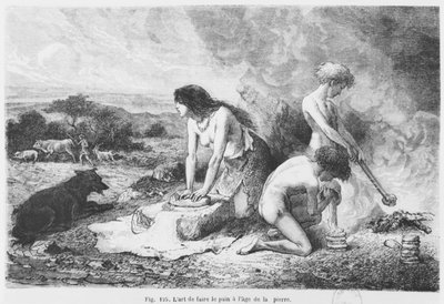 在石器时代制作面包，来自路易斯菲利尔的LHomme Primitif的插图，由Hachette出版，1870年 作者 法语学校
