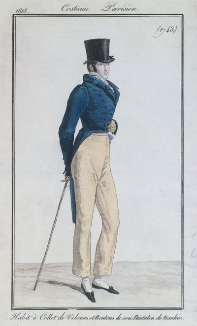 男士西装，天鹅绒领，真丝纽扣和nankeen裤子，1816年 作者 法语学校