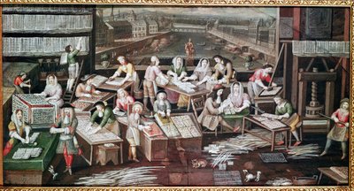 在多芬广场的房子里制作纸牌（为粉丝设计，纸上水粉，c.1680） 作者 法语学校