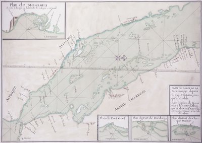 从非洲之角和也门到吉达的红海南部部分的手稿地图，约1740年 作者 法语学校