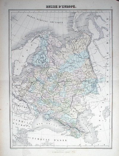 描绘欧洲俄罗斯的地图，约1840年（彩色雕刻）。 作者 法语学校