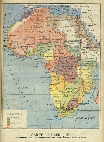 1899年3月英法协议签署后的非洲地图（彩色平印） 1899年4月9日《小报》插图（雕刻）。 作者 法语学校