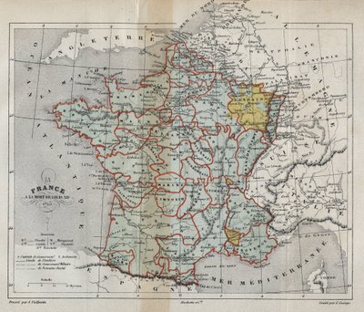 Map of France on the death of Louis XIV in 1715 - Plan de La france a la mort de Louis XIV en 1715 - engraving in “” Histoire de France” by Victor Duruy (1811-1894) - 1882 作者 法语学校