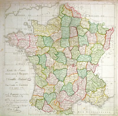 法国地图显示划分部门的计划，1789年（彩色光刻和墨水） 作者 French School
