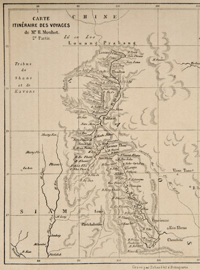 老挝和湄公河地图显示Henri Mouhot的航行路线，插图来自印度 - 中国（暹罗），柬埔寨和老挝中部的旅行1858年，1859年， 作者 法语学校