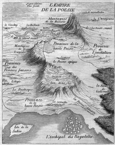 代表不同类型诗歌的 "诗意帝国 "地图。伯纳德-勒布耶（Le Bovier）-德-丰特奈尔（1657-1757）。 作者 法语学校