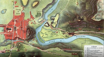1877年的卢尔德国家地图：它显示了贝尔纳黛特-苏比鲁斯的房子、她可能见到圣母的山洞、以及大教堂、加尔默罗会和本笃会的修道院和主教宫的位置。高皮伦 作者 法语学校