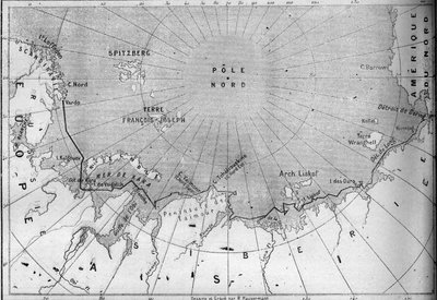 探险家尼尔斯-阿道夫-埃里克（Eric）男爵诺登斯基（Nordenskjold）（1832-1901）追踪的 "织女星 "号航行地图。1878年，诺登斯乔尔德沿着西伯利亚的海岸从大西洋进入太平洋。世界画报》中的版画 作者 法语学校