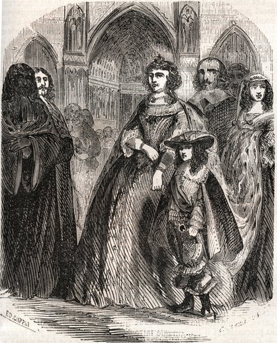 Marie de Medicis (1573-1642), queen of France and regente of the kingdom with her son Louis XIII going to Notre-Dame de Paris - in “Histoire de France” by L.-P. Anquetil 作者 法语学校