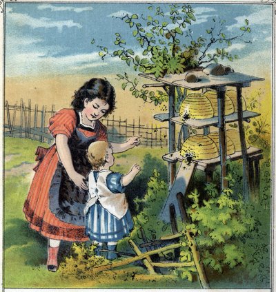 Martha shows the work of the bees in the hive to her little sister. Chromolithography from “” Scenes enfantines””” ed. Guerin - Muller circa 1885. 作者 法语学校