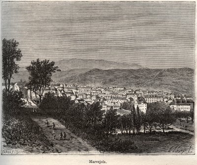Marvejols - Lozere - Languedoc-Roussillon - 在V.-A. Malt-Brown的 "La France illustree: geographie, histoire, administration statistique "中的雕刻，1884。 作者 法语学校