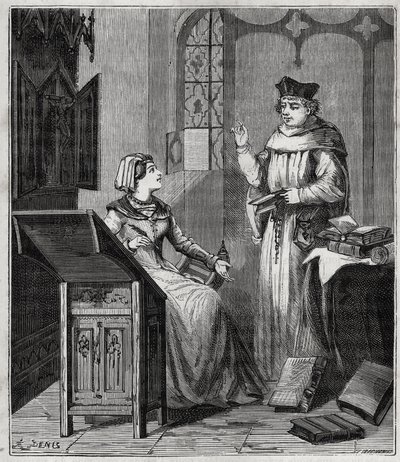 Matthieu Lansbert (Lansberg, Lansbergh, Laensberg or Laensbergh) (15-16世纪) et sa niece - Alexis Clerc的 "Sciences made available to everyone - physics and chemistry "中的版画 - 19世纪末 - 私人收藏 作者 法语学校
