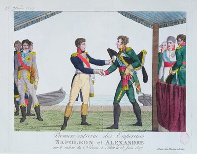 1807年6月25日，在Tilsit举行的Napoleon I和Alexander I之间的会面 作者 法语学校