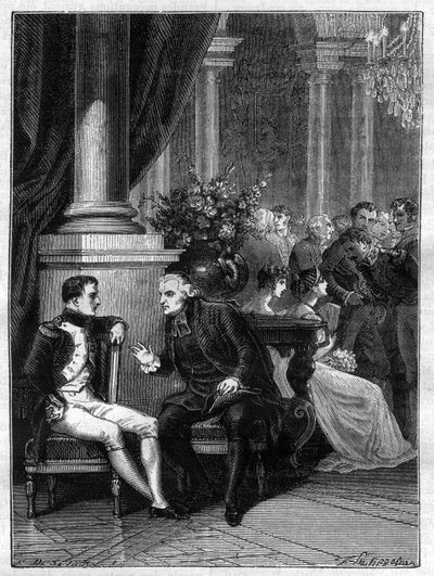 拿破仑一世与红衣主教Jean Siffrein Maury（1746-1817）在意大利的Genes（Genova）会面，1805年--载于Adolphe Thiers的 "帝国历史和领事馆的历史"--1879年--私人收藏 作者 法语学校