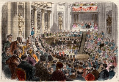 Meeting of the French academy on 23 April 1868. Reception of Monsieur Jules Favre (1809-1880), French politician. Engraving in “” L