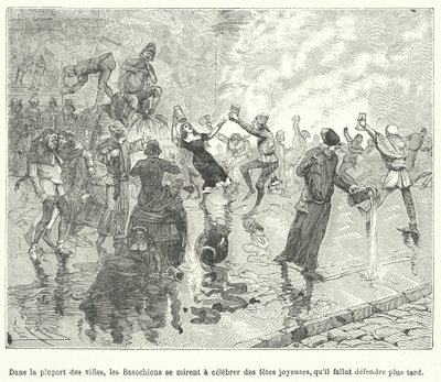 Basaoche 的成员，法律文员行会，在中世纪法国小镇的街道上庆祝节日（版画） 作者 法语学校