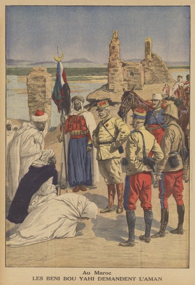 Beni Bou Yahi 部落的成员要求赦免在摩洛哥袭击法国车队（彩色石版画） 作者 法语学校