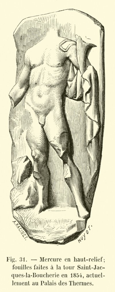 高浮雕的汞; 1854年在Saint-Jacques-la-Boucherie塔楼进行的挖掘，目前在Palais des Thermes 作者 法语学校