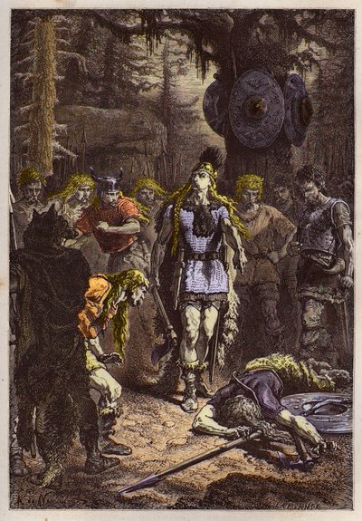 Merovingiens: Clovis 1er shooting down the soldier who had broken the vase of Soissons, en 486 - Clovis (465-511) and the Frankish warrior who broke the Vase of Soissons in 486 - engraving from “” L