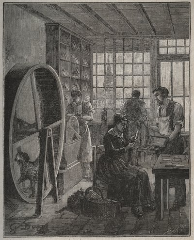 仪表和工匠：19世纪该省的一家餐具店。阿道夫-比塔尔（Adolphe BITARD）于1885年在 "Les arts et metiers illustrstres "中的版画。 作者 法语学校