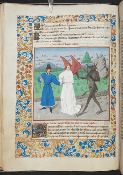 男子与守护天使和魔鬼的缩影 斯隆 MS 3049 f. 27，约 1480 年（牛皮纸） 作者 法语学校