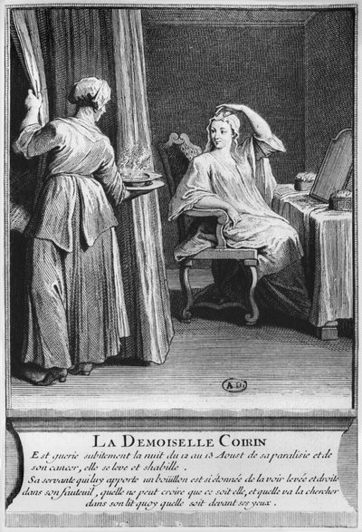 Demoiselle Coirin的瘫痪和癌症的神奇愈合，在巴黎教区墓地Saint-Medard的Deacon Francois de Paris墓，来自La verite des miracles de M的插图 作者 法语学校