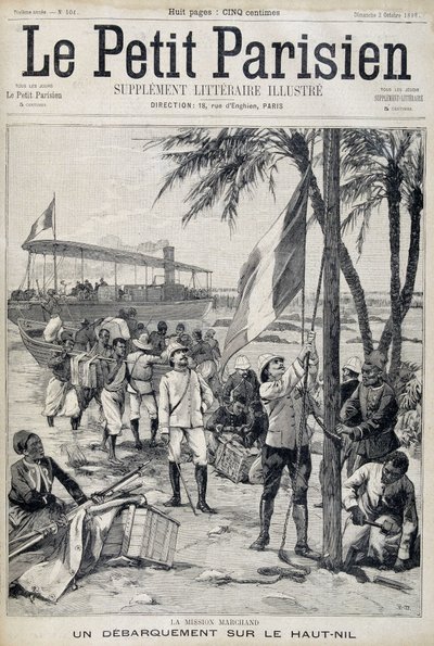 马尚任务：在尼罗河上游登陆--1898年10月2日的《小巴黎人》中（雕刻）。 作者 法语学校