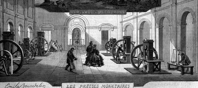 赚钱：压钞机的商店。1860年1月21日《世界画报》第145期上的版画。 作者 法语学校