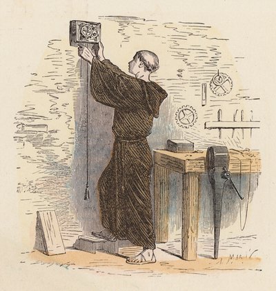 使用时钟报时的僧侣（彩色雕刻） 作者 法语学校