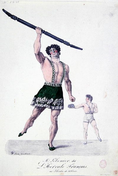 被称为 "法国大力士 "的勒贝尼耶先生，约1820-30年（彩色平版印刷）。 作者 法语学校
