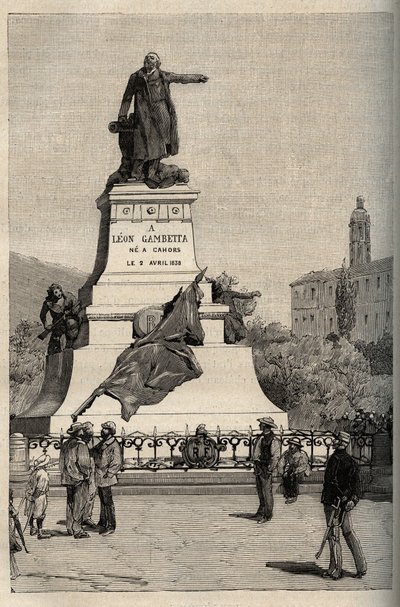 Leon Gambetta (1838-1882)纪念碑，由Alexandre FALGUIERE (1831-1900)创作 - Cahors - 雕刻于 "PATRIE" - DESCRIPTION PECTUREQUIREE DE LA FRANCE EN 6 VOLUES BY LUCIEN HUARD - 19世纪末 作者 法语学校