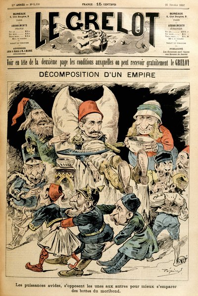 垂死的土耳其和外国势力为他的靴子而战，封面“”Le Grelot””21/2/1897。 作者 法语学校