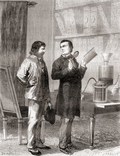 莫里茨·冯·雅各比（右）在 1838 年发现了电镀塑料或电铸，来自 Les Merveilles de la Science，出版于 1870 年（雕刻） 作者 法语学校