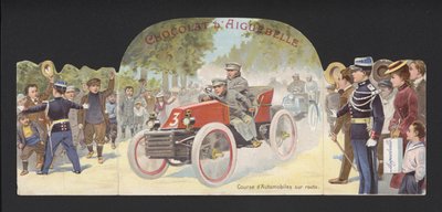 在开放的道路上的汽车竞赛（chromolitho）。 作者 法语学校
