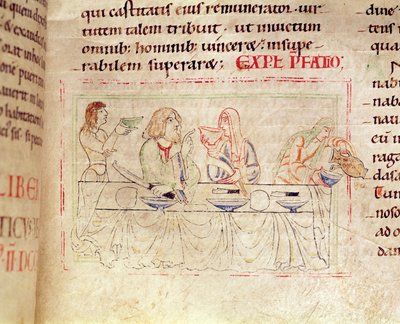 1215 t.3 fol.158v，与Judith和Holofernes一起用餐，来自Etienne Harding的圣经，1109 作者 French School