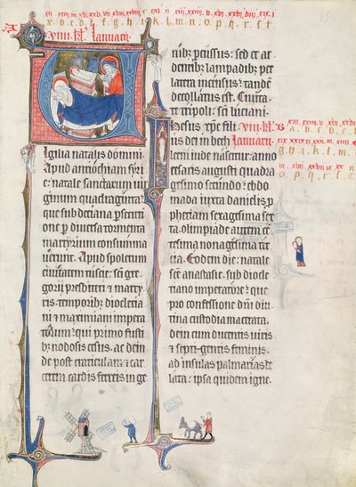 Ms.838 fol.55 1270年之后，来自&39;Obituaire de Notre Dame de Pres&39;的历史首字母&39;U&39;和&39;I&39;描绘了耶稣诞生和婴儿基督（另见155905） 作者 法语学校