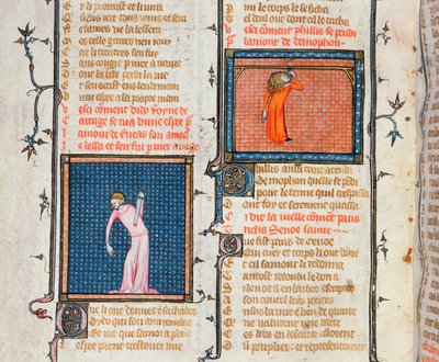 1126号女士用剑和迪利的自杀悬挂，由Guillaume de Loris和Jean de Meung来自Le Roman de la Rose，c.1360-70 作者 法语学校