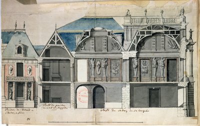 130736女士由Louis Le Vau（（1612-70）建造的凡尔赛宫翼的横截面（纸上写着） 作者 法语学校