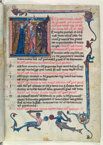 女士16261 fol.13v圣吉纳维芙在一位天使的帮助下与一名天使战斗，来自查尔斯·塞巴特·辛纳维芙 作者 法语学校