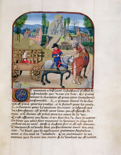 女士165 fol.46r夫人在一辆有盖的手推车上画了两匹马，来自lnenstruction dun Jeune Prince by Rene dAnjou，c.1465-68 作者 法语学校