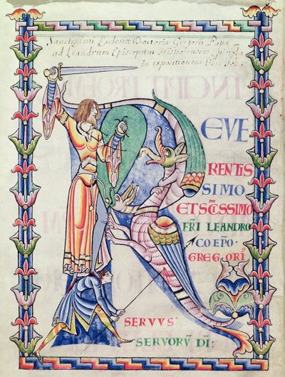 Ms 168 f.4v历史上的初始R描绘了一位骑士与龙战斗，来自教皇格雷戈里大帝的道德 作者 法语学校