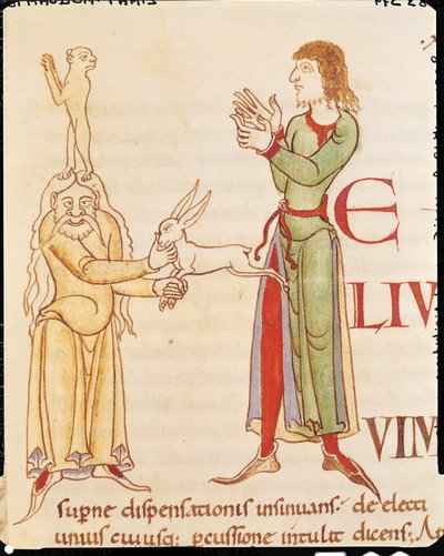 女士173 f.66r初始H，以两个魔术师的形式出现，来自教皇格雷戈里大帝，勃艮第学校的道德 作者 法语学校