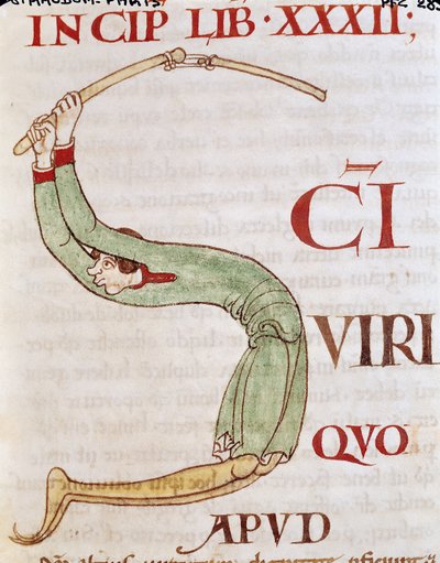 女士173 fol.148r历史上最初的S描绘了一个男人脱粒，来自教皇格雷戈里大帝的道德 作者 法语学校