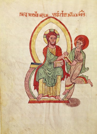 1 Fol 111v Saint John女士跑来接受基督的福音，坐在一个曼陀罗中，是圣米歇尔 - 德库萨福音的缩影，c.1070-1130 作者 法语学校