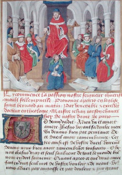 230岁的Jean de Gerson女士（1363-1429）早上在巴黎圣伯纳德教堂宣讲激情，来自Sermons sur la Passion et Traites Divers，c.1480 作者 法语学校