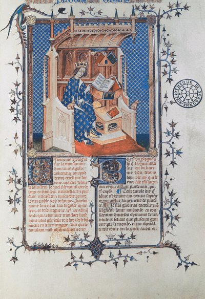 Ms 24287 fol. 2r 法国国王查理五世，智者，出自John of Salisbury, Polycraticus, Denis Foulechatis翻译，约1372年（牛皮纸）。 作者 法语学校
