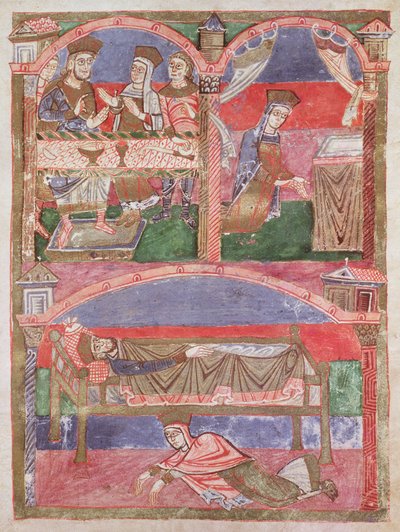 女士250 f.24r St. Radegund（518-87）在Clothar I（497-561）的桌子上，在她的演讲厅和皇家床脚下，来自圣拉德贡的生活 作者 法语学校