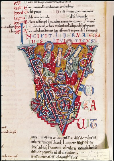 Ms 2 fol.41v历史性的第五部分描绘了来自圣贝尼讷圣经的利未记书中的场景 作者 French School