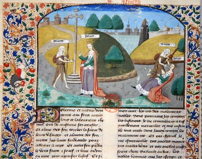 3878号作品《贫穷与财富》，来自乔瓦尼-薄伽丘（1313-75）的《De Casibus Virorum Illustrium》插图（牛皮纸）。 作者 法语学校