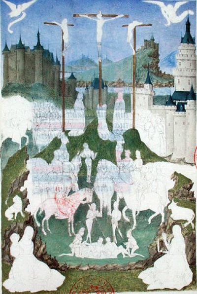 473号作品《十字架或各各他》，未完成的微型画，出自《法兰西夏尔的故事》，约1466-69（纸上水粉画）。 作者 法语学校